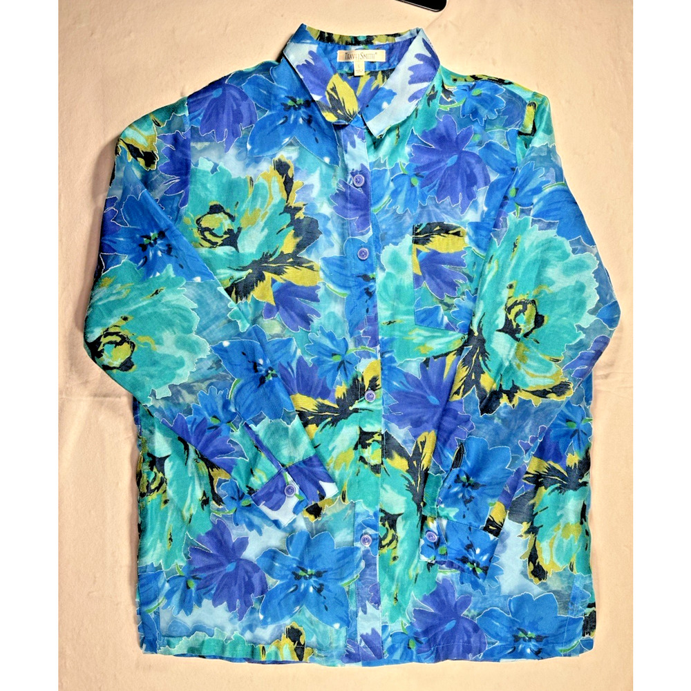 TravelSmith Women’s Shirt large sheer blue floral vacation packable tunic EUC